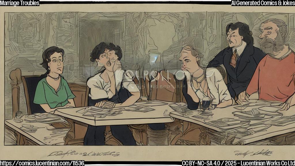 A plain cartoon style image of a couple sitting on opposite sides of a table. Between them, on the table, is a large, unfolded road map. The woman looks frustrated, and the man appears confused, scratching his head. The background is a light, solid color.