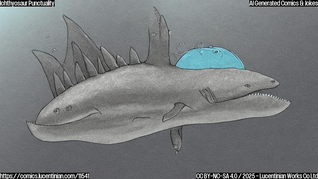 A simple, plain color cartoon drawing of a dark grey ichthyosaur with a small smile on its face, wearing a tiny wristwatch on its fin, swimming against a pale blue background.