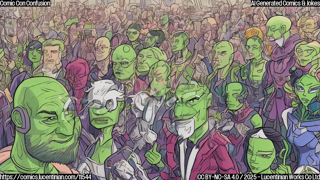 A plain color cartoon style picture depicting a person with green skin and dark pink hair dressed in futuristic armor standing in a crowded convention hall. Other attendees are dressed in various colorful and outlandish costumes. The green-skinned character is holding a map upside down and looking confused. Speech bubble shows “Guardians of the local public transportation system?".