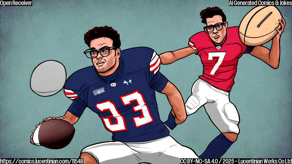 A cartoon style image, plain background, of a football player wearing comically oversized glasses, looking confused while a football floats harmlessly by him. The background is a single solid color.