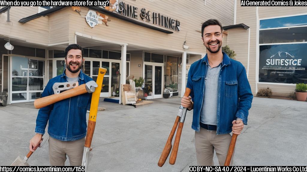 Image of a cheerful person with a hammer and a big smile, standing in front of a home improvement storefront with a subtle background of a therapist's office