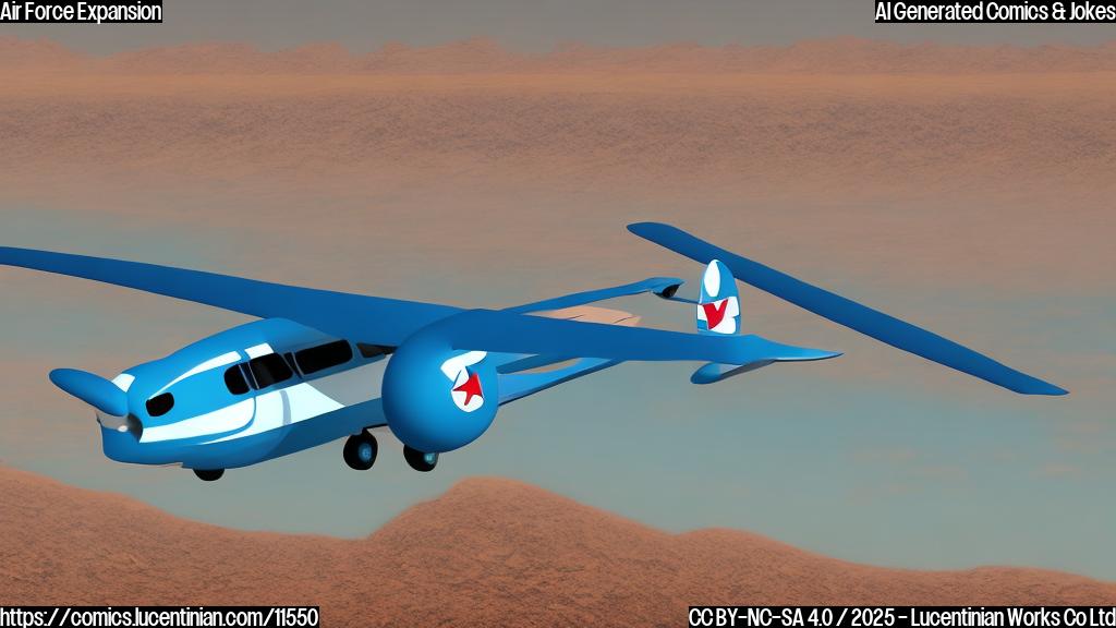 A light blue cartoon airplane with oversized legs sticking out of the windows, flying over a desert landscape.