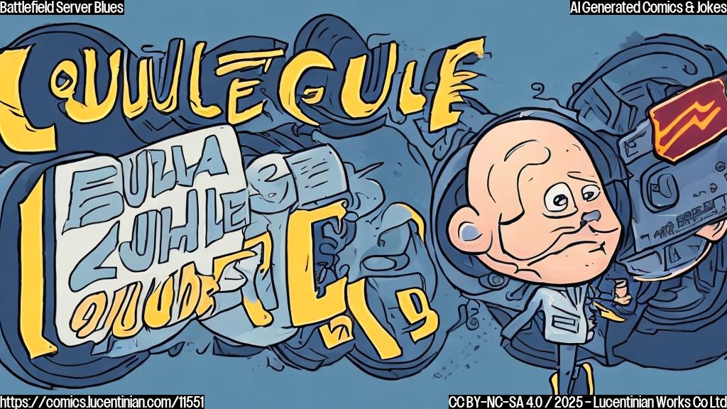 A cartoon-style illustration depicting a sad-looking gamer character with a speech bubble showing the Battlefield logo and the words "Queue: 99999". The background is a plain light blue color.