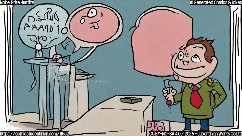 A plain color cartoon style picture depicting a simple drawn character with blushing cheeks, standing on a stage under a spotlight, holding a generic looking award. The character has a thought bubble above their head showing a tiny version of themself.