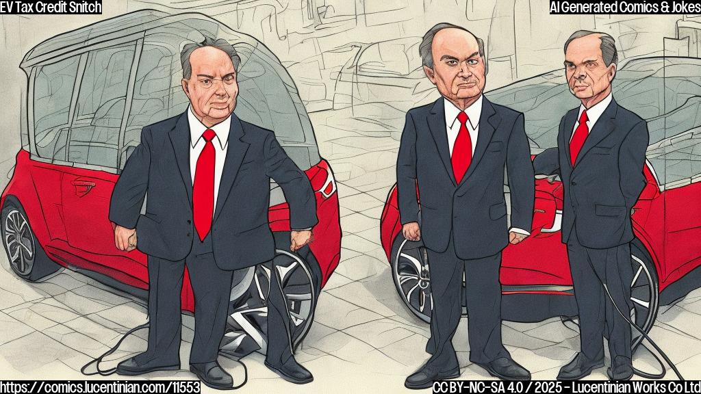 Plain color cartoon style image of two stern-looking senators wearing red ties, standing next to a shiny electric car. The car is emitting sad fumes.
