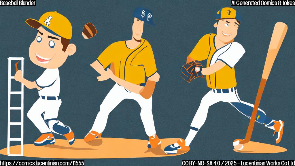 Cartoon image of a confused baseball player holding a ladder on a baseball field, with a plain, solid color background. Style should be simple and clean, resembling a basic vector graphic.