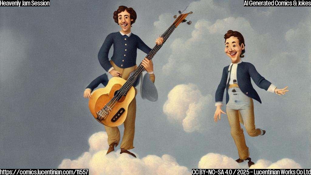 A simple cartoon of a man with a bass guitar and a ladder, standing on a fluffy white cloud. He is looking upwards with a smile. The background is a plain light blue.