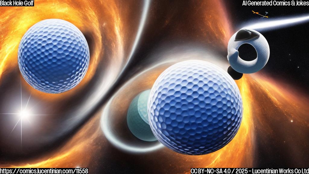 Two cartoon black holes wearing golf caps orbiting each other in space. One black hole is holding a golf club, and a small golf ball is being sucked into the other black hole. Background is a simple plain dark blue with stars. Cartoon style.