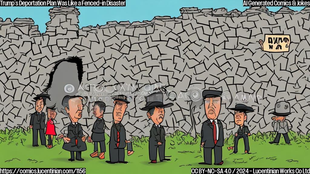 Draw a cartoon style image of a sad-looking Mexican character standing in front of a large, incomplete wall with a "Wanted" poster on it, while a group of people are trying to climb over the fence, and Donald Trump is standing in the background, looking disappointed. Include a few humorous details like a border patrol agent taking a nap or a sign that reads " deportation: the wall is not enough".