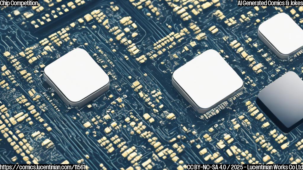 A small, nervous-looking computer chip standing next to a gigantic, muscular computer chip, both in a plain color cartoon style.