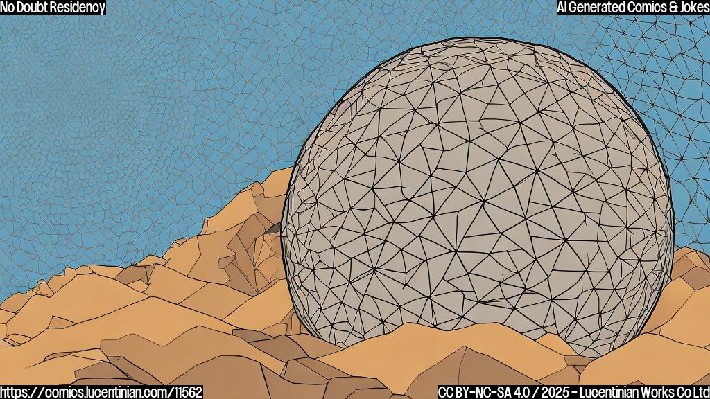 A cartoon image in a plain color style, showing a microphone stand center stage in front of a giant geodesic sphere.