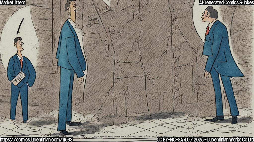A plain color cartoon style picture of a sad stock chart with a downturn arrow, next to a disappointed-looking person in a suit.