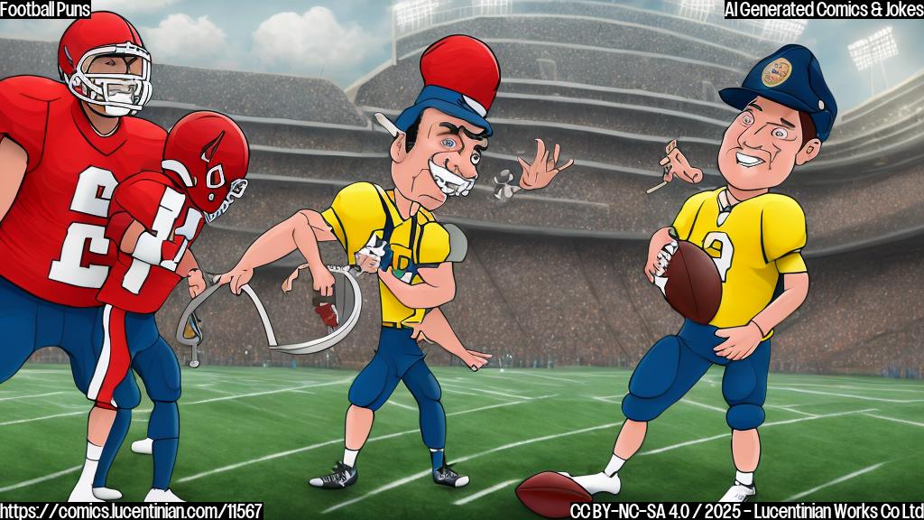 A cartoon-style image of a football field with a coach holding a comically oversized ladder, trying to reach a football player who is unusually tall. The coach wears a whistle and a hat, while the player wears a football uniform and helmet. The background includes a stadium with cheering stick figures. Use plain, bright colors.