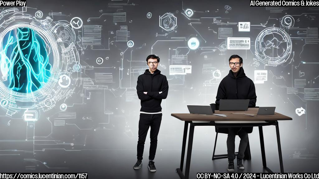 A human with a large fortune sitting behind a desk, with a person wearing a hoodie and jeans in front of them, looking uncertain. The human is holding a tablet with a wealth dashboard on the screen, while the hooded figure is gesturing as if they're not sure about something.