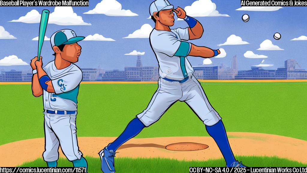 Cartoon illustration of a generic baseball player in a blue and teal uniform, mid-swing with a baseball bat. He has a surprised expression. His pants are ripping at the seams, and a small sewing kit with a needle and thread is visible in his back pocket. Background is a generic baseball field with green grass and a blurred stadium. Flat, plain colors, cartoon style.