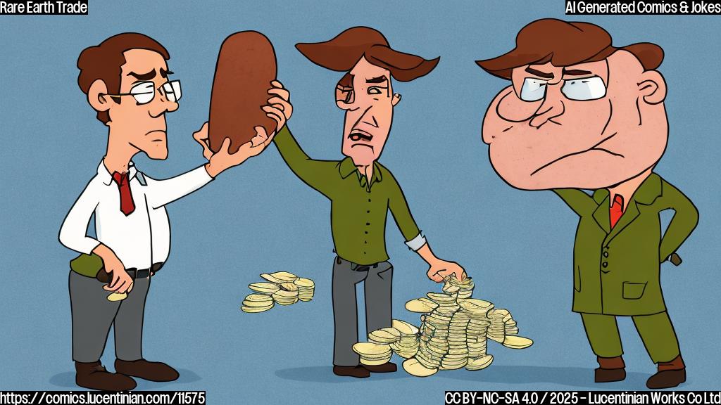 a cartoon of a geologist holding a rock, looking sad, next to an international trade specialist holding a stack of money, looking angry, on a plain light blue background