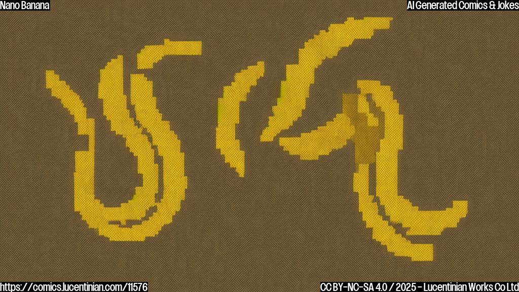 Cartoon of a pixelated orange transforming into a pixelated banana, plain yellow background.