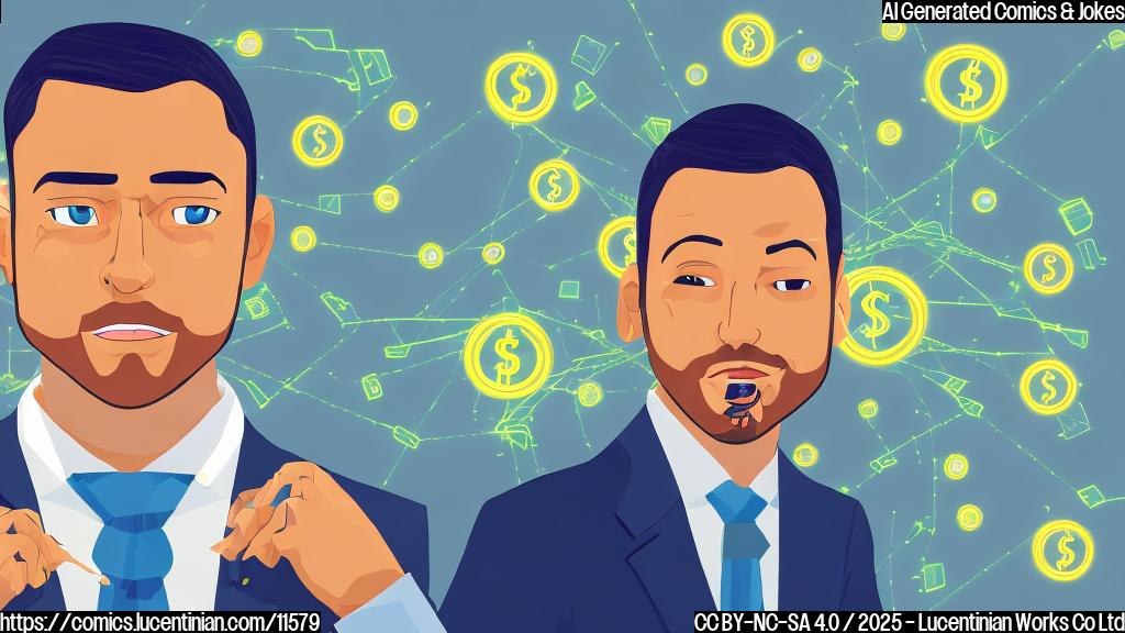 Cartoon image of a person wearing a suit and tie, looking eagerly at a computer screen displaying lines of code and dollar signs. The background is a brightly colored, minimalist office space.