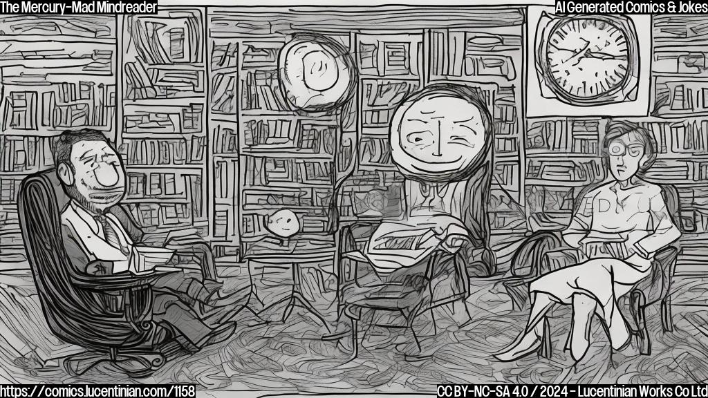 Draw a cartoon style picture of a person sitting in a therapist's chair, looking worried and frustrated, with a thought bubble above their head showing a squiggly line with conflicting thoughts written on it. The therapist, also shown in the same room, has a calm expression and is holding a book or paper with words "Reading between the lines" highlighted.