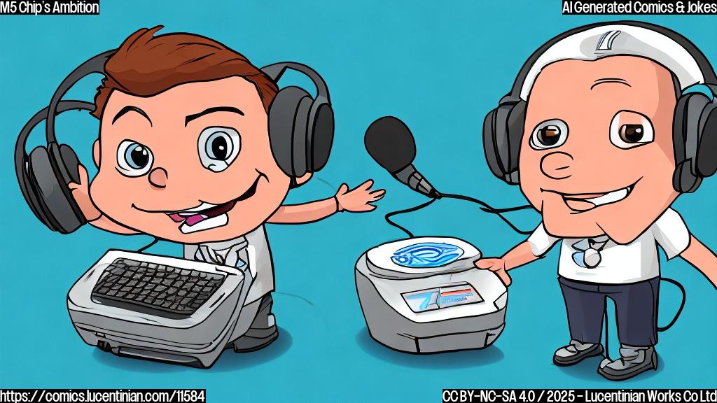 Cartoon of a small computer chip with a determined expression, standing on a small stage in front of a plain blue background. The chip is wearing a headset microphone and holding a tiny binder labeled "Inspiration."