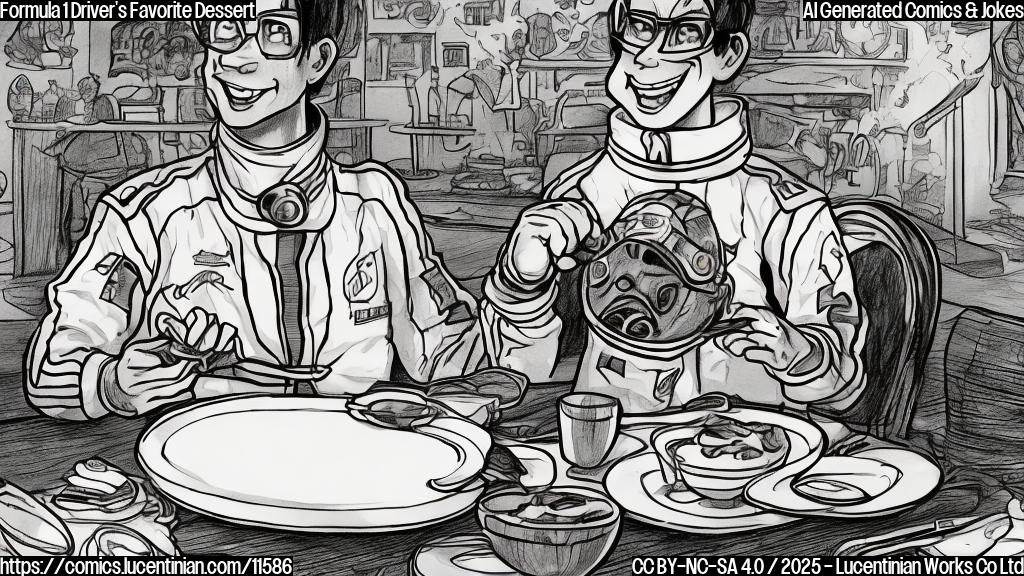 A cartoon-style drawing featuring a racing car driver in a racing suit, holding a spoon and enthusiastically staring at a bowl of chocolate mousse. The background should be a plain light blue color. The style should be simple and clean, like a children's book illustration.