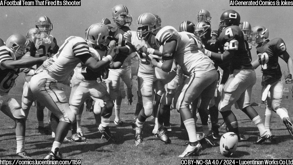 A football team with a quarterback, multiple players in uniform, standing on the field, looking disappointed and frustrated. The quarterback is holding a football, one player is throwing a football at another player's head, while others are slumped or walking away from the scene.