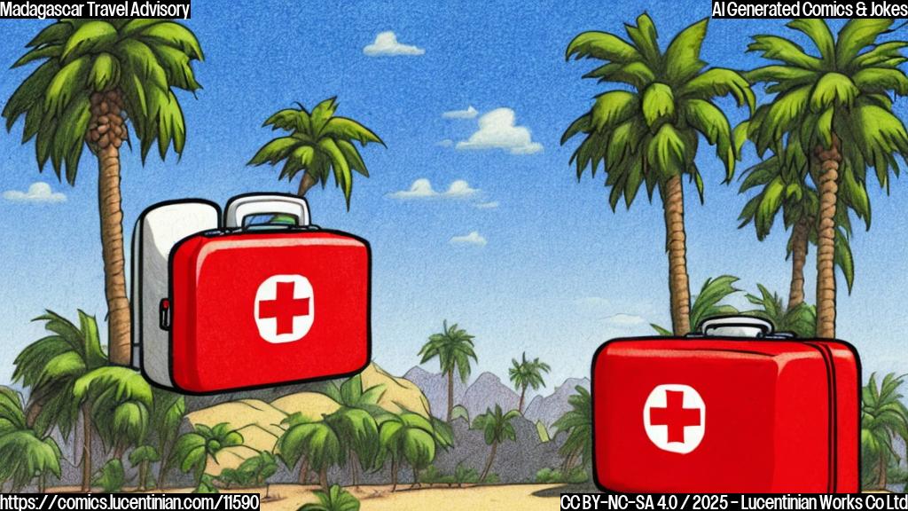 Plain color cartoon style drawing of a suitcase with a giant red cross on it, surrounded by palm trees. The suitcase is overflowing with bandages, medicine bottles, and other first aid supplies. The overall tone is humorous and slightly exaggerated.
