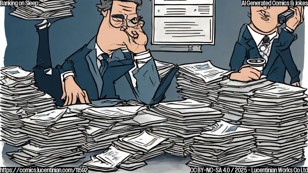 A cartoon drawing in a plain color style of a banker with tired eyes and messy hair, slumped over a desk piled high with papers and financial charts. A coffee cup is overflowing nearby.