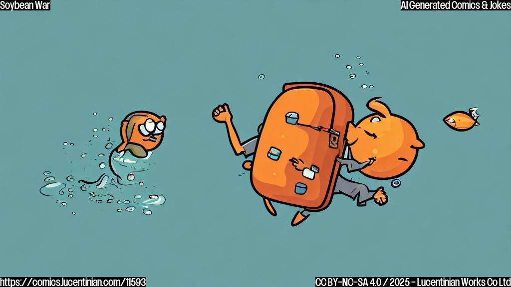 Plain color cartoon style picture of a soybean wearing a tiny backpack swimming frantically across a vast blue ocean, with a faint outline of a grumpy orange cartoon businessman shaking his fist on the distant shore.