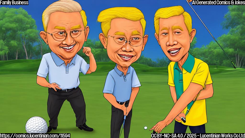 Cartoon of a golf course with a former president character with orange skin and yellow hair pointing towards an Indonesian president character in a batik shirt, while his son character stands awkwardly nearby.