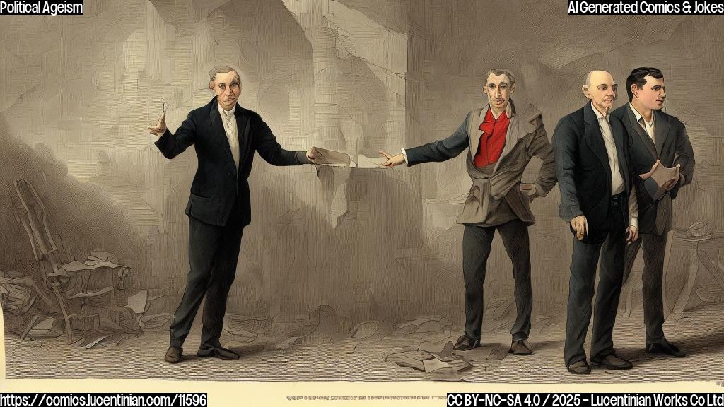 A plain color cartoon style image depicting a young, vibrant politician with a determined expression standing next to an elderly senator who is holding a very old, cracked scroll. The young politician is pointing towards the future, while the senator looks confused. The background is a simple, solid color.