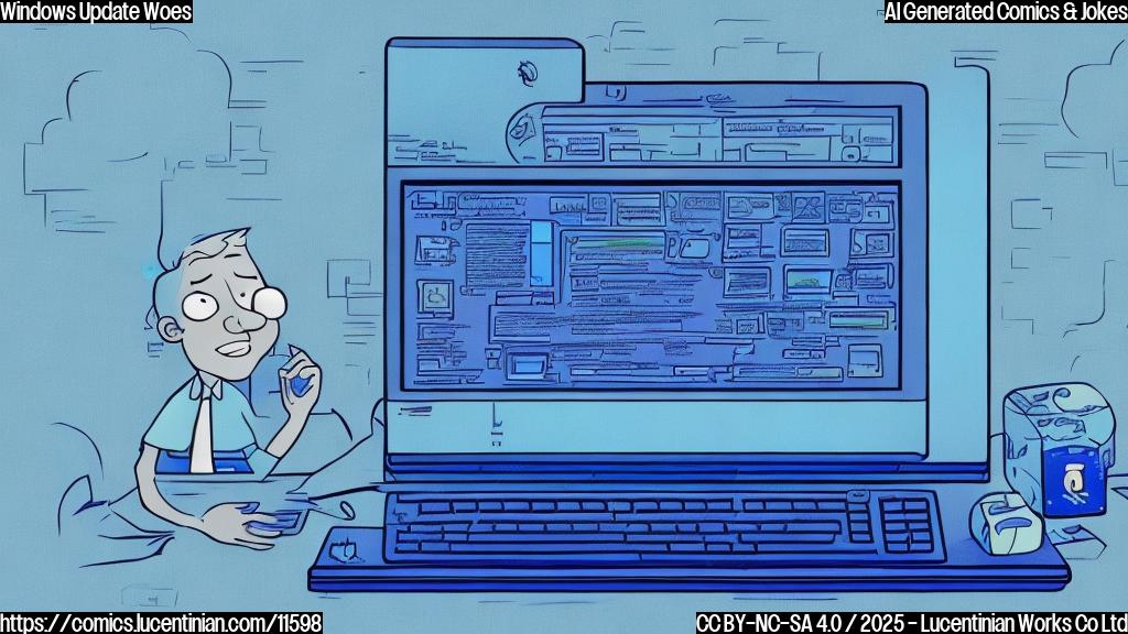 A cartoon drawing of a blue computer screen with a worried, sweating face. Error messages and update progress bars surround the screen. The background is a plain light-blue color.