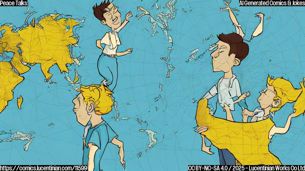 A cartoon style image with a plain light blue background. Two figures, one with a bright yellow hairstyle and the other with dark hair and a green shirt, are hunched over a large map. One figure points excitedly at a spot on the map.