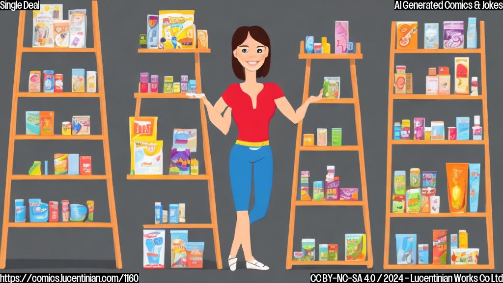 Draw a cartoon style picture of a person standing in front of a shelf with numerous discounted products, holding a ladder and smiling up at it.