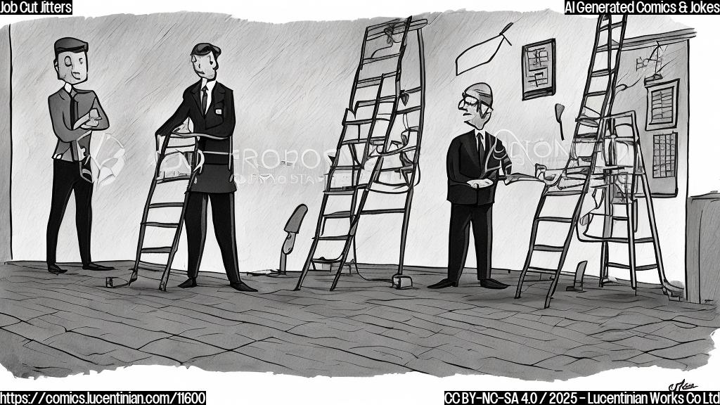 A cartoon drawing in a flat, minimalist style. A sad looking government worker with a briefcase standing next to a ladder. The sky is gray and ominous. The worker is wearing a generic suit.