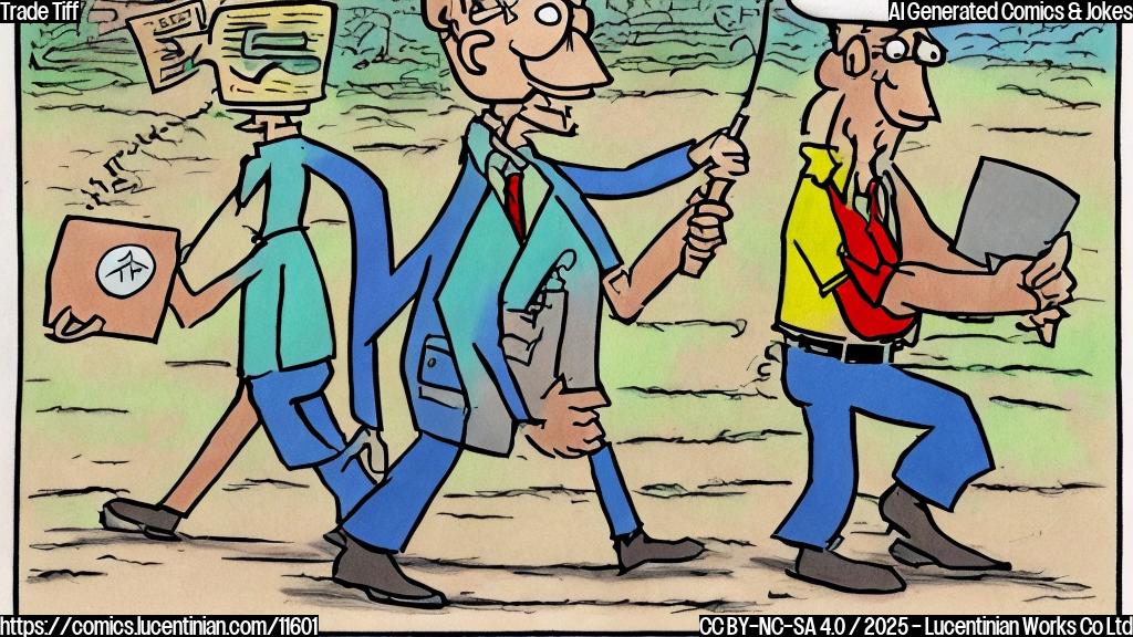 Plain color cartoon style drawing of two stick figures. One stick figure labeled "Economist" is walking away from another stick figure labeled "Trade Agreement". The "Trade Agreement" figure looks sad. A thought bubble above the "Economist" contains a small picture of a rare earth element.