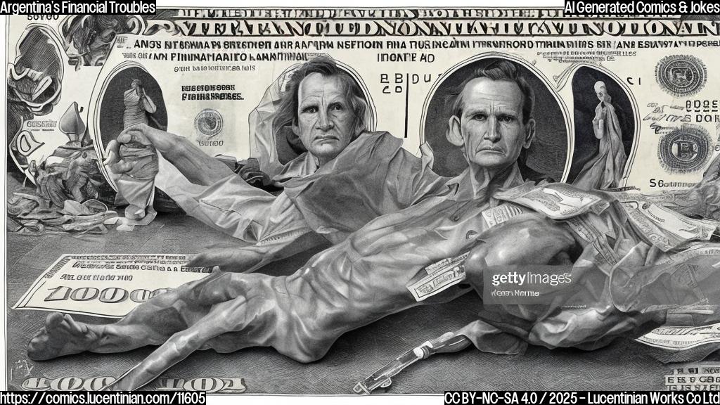 A cartoon depicting a worried-looking South American country, personified as a human figure, lying on a doctor's examination table. The doctor, representing international finance, is holding a large syringe labeled "$20 Billion". The background is a plain light blue.