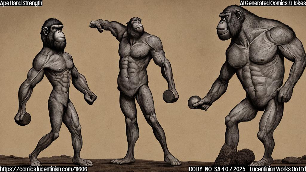 Cartoon illustration of a surprised paleoanthropologist looking at a large, muscular ape-like hand fossil holding a barbell. The hand fossil is a plain brown color, and the background is a simple, light yellow desert scene.