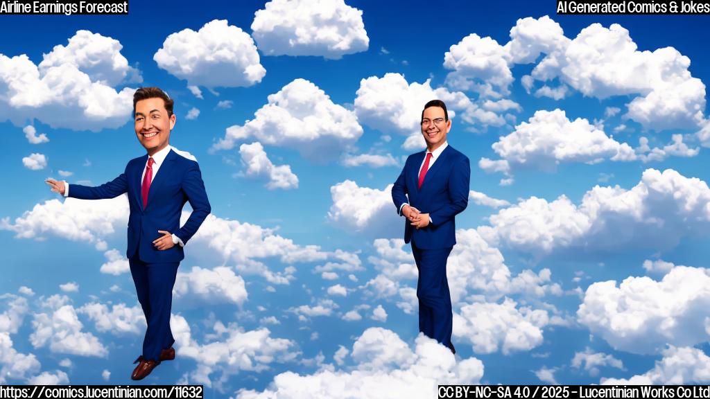 Cartoon style image. A smiling airline executive in a blue suit stands in front of a bright blue sky filled with fluffy white clouds shaped like dollar signs.