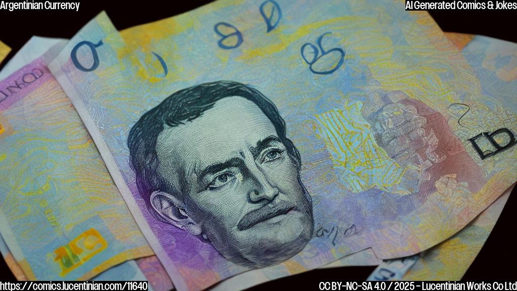 A cartoon style drawing of a sad-looking Argentinian currency bill lying on a therapist's couch. The therapist is a friendly looking cartoon dollar bill with glasses and a notepad. The background is a plain light blue.