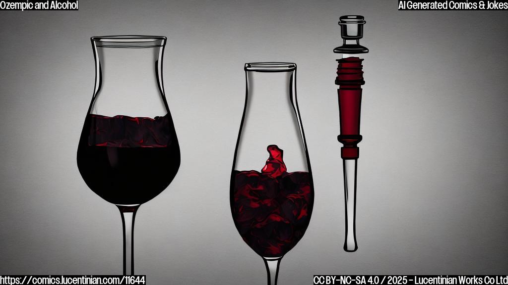 A sad bottle of red wine looks dejected next to a syringe filled with clear liquid. Cartoon style, plain colors.
