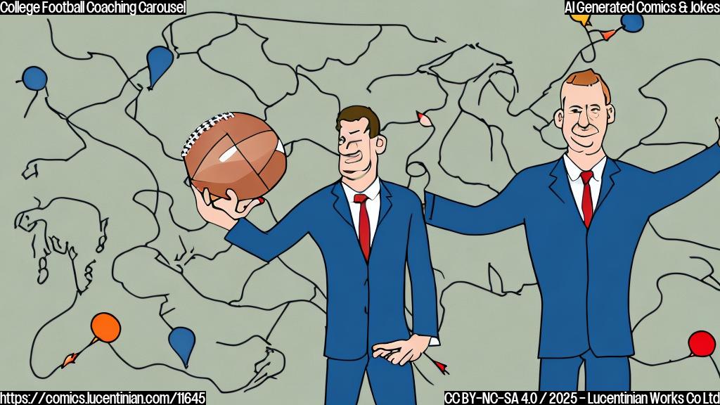 Plain color cartoon style image depicting a football coach holding an oversized, comically inaccurate map with arrows pointing to different college logos. The coach has a stressed expression. The background is a simple, solid color.