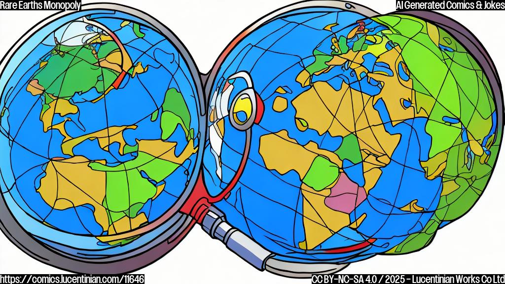 A cartoon drawing of a globe with a magnifying glass focusing on a specific area, highlighting various colorful, abstract shapes representing "rare earth" elements. The globe is smiling slyly. The style is simple and cartoonish, with solid, plain colors and thick outlines.