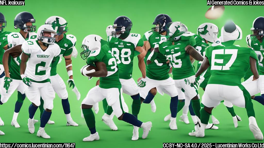 Cartoon style, plain light green background, a football team carrying oversized magnifying glasses, looking intently at a distant football player in a rival team's uniform.