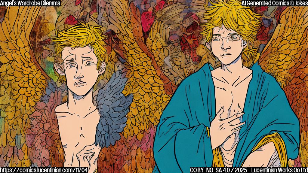 A plain color cartoon style image of a worried-looking cartoon angel with golden hair and a white robe, surrounded by a pile of different sets of colorful wings.