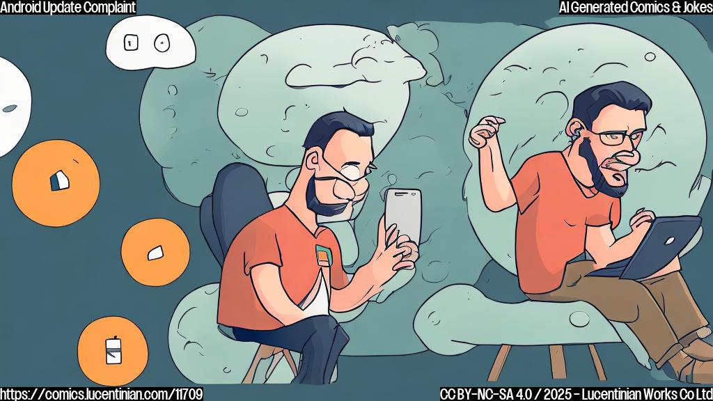 A frustrated user sitting in front of a phone with an Android update loading screen, cartoon style, plain color background.