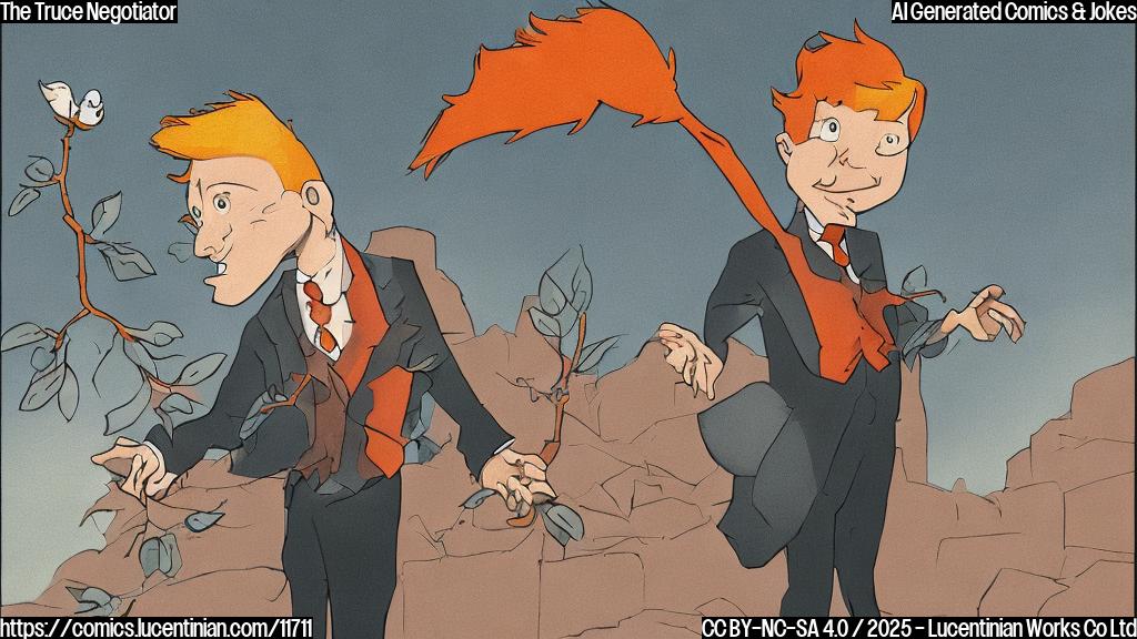Plain color cartoon style. An orange-haired, fair-skinned man in a dark suit stands proudly, pointing at a dove with an olive branch flying between two simple blocky buildings, one blue and one red. The man has an exaggerated tan and a wide smile.