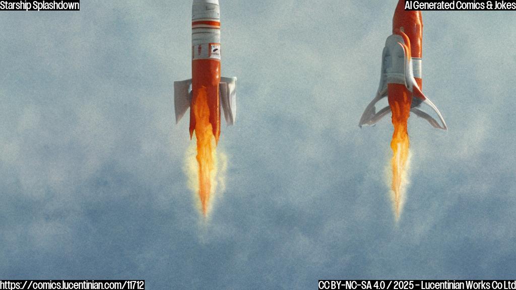 A cartoon-style image of a slightly burnt, cone-shaped rocket splashing down into a calm blue ocean. The rocket has a few visible scorch marks and is emitting a small trail of smoke. The sky is a plain light blue.