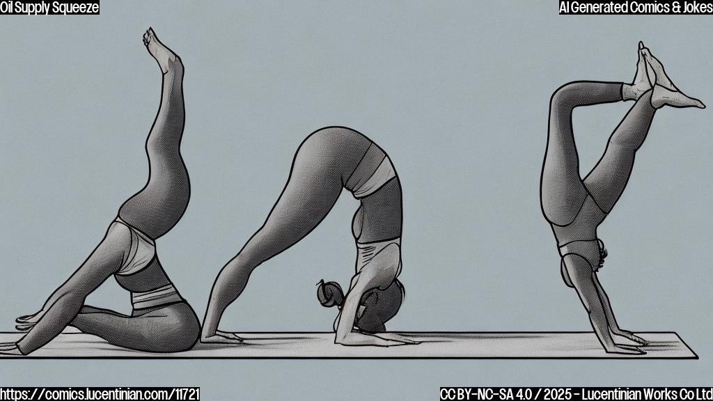 A cartoon drawing of a barrel of oil doing a yoga pose, specifically the downward-facing dog. The background is a plain light blue. The style is simple and clean, resembling a children's book illustration.