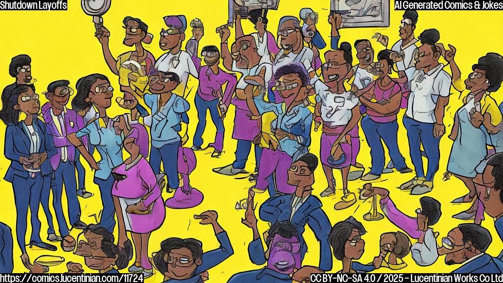Draw a cartoon-style image with a plain yellow background. In the foreground, depict a gavel hovering protectively over a group of generic, diverse people representing federal workers. The people have worried expressions.